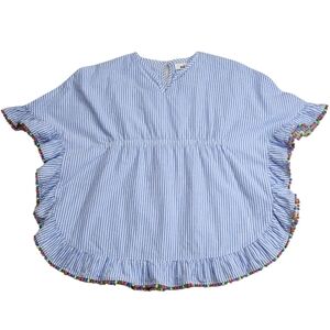 MINI BODEN Pompom Cotton Cover-up Poncho Caftan Blue & White Stripe 5-6 Yrs